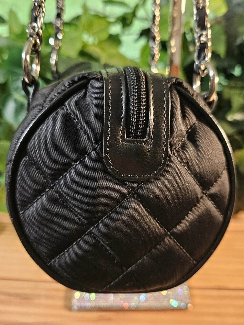 Talbots Black Quilted Barrel Bag Nylon Leather Trim Silver Hardware